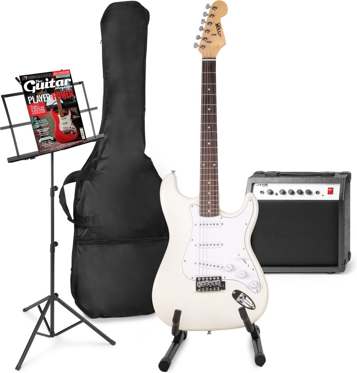 Elektrische gitaar met gitaar versterker - MAX Gigkit - Perfect voor beginners - incl. gitaar standaard, muziekstandaard, gitaar stemapparaat, gitaartas en plectrum - Wit