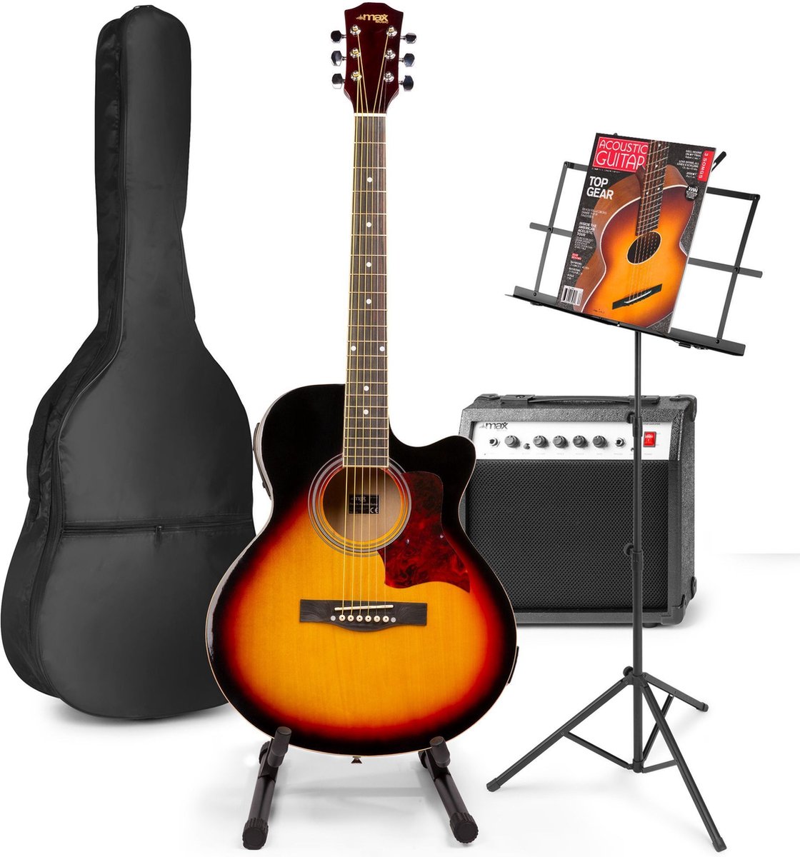 Elektrisch akoestische gitaar - MAX ShowKit gitaarset met o.a 40W gitaar versterker, gitaar standaard, muziekstandaard en gitaar stemapparaat - Sunburst