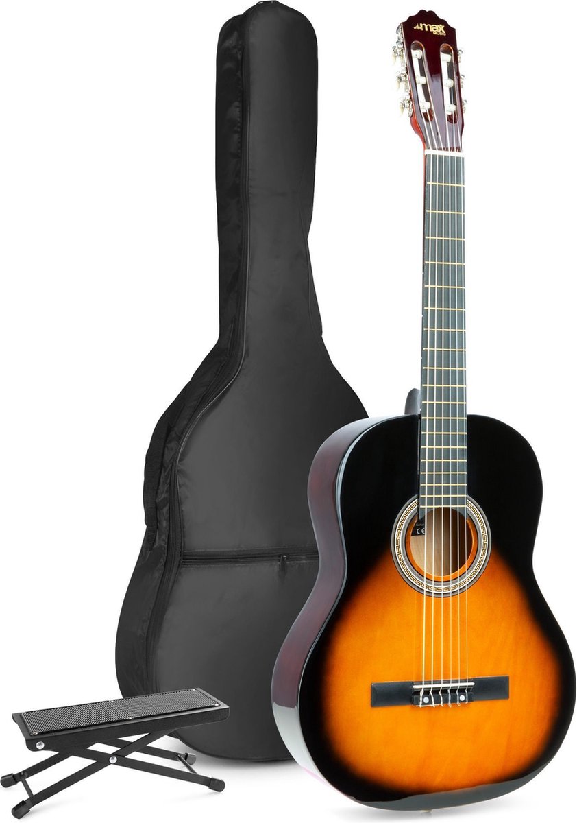 Akoestische gitaar voor beginners - MAX SoloArt klassieke gitaar / Spaanse gitaar met o.a. 39'' gitaar voetsteun gitaartas gitaar stemapparaat en extra accessoires - Sunburst