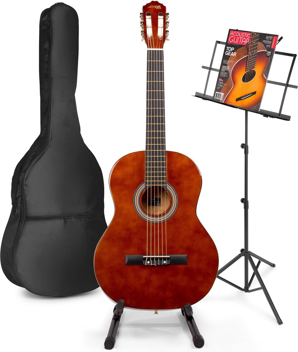 Akoestische gitaar voor beginners - MAX SoloArt klassieke gitaar / Spaanse gitaar met o.a. 39'' gitaar, gitaar standaard, muziekstandaard, gitaartas, gitaar stemapparaat en extra accessoires - Bruin (hout)