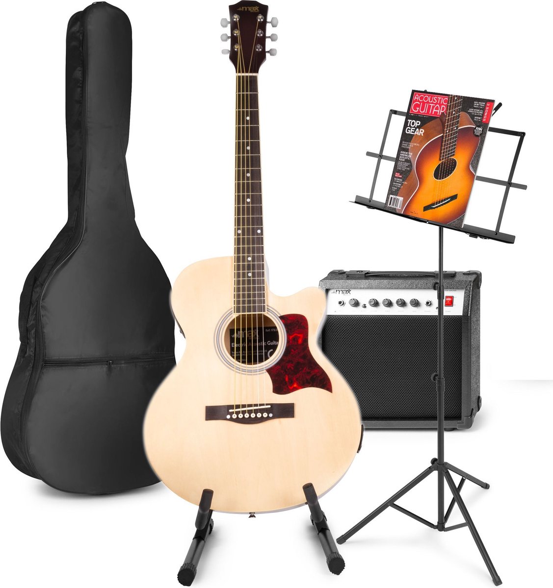 Elektrisch akoestische gitaar - MAX ShowKit gitaarset met o.a 40W gitaar versterker, gitaar standaard, muziekstandaard en gitaar stemapparaat - Hout