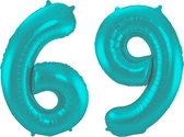 Folieballon 69 jaar metallic pastel aqua mat 86cm