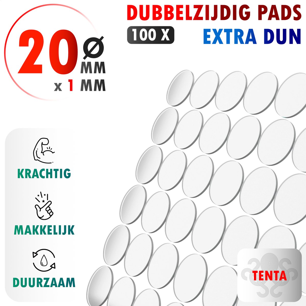 TENTA® Dubbelzijdig Tape Plakkers Extra Dun - Krachtig - Makkelijk - Duurzaam -20mm x 1mm - 100x - TENTA®