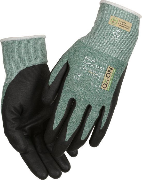 Paar zwarte handschoenen met lichtgroene gebreide manchet en grijze accenten. Maat L/9.