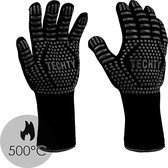 TechTy Hittebestendige BBQ & Oven Handschoenen (2 stuks) - Tot 500°C - Siliconen / Anti Slip - Extra lang - Armbescherming - Snijbestendig - Dubbel gevoerd - Zwart
