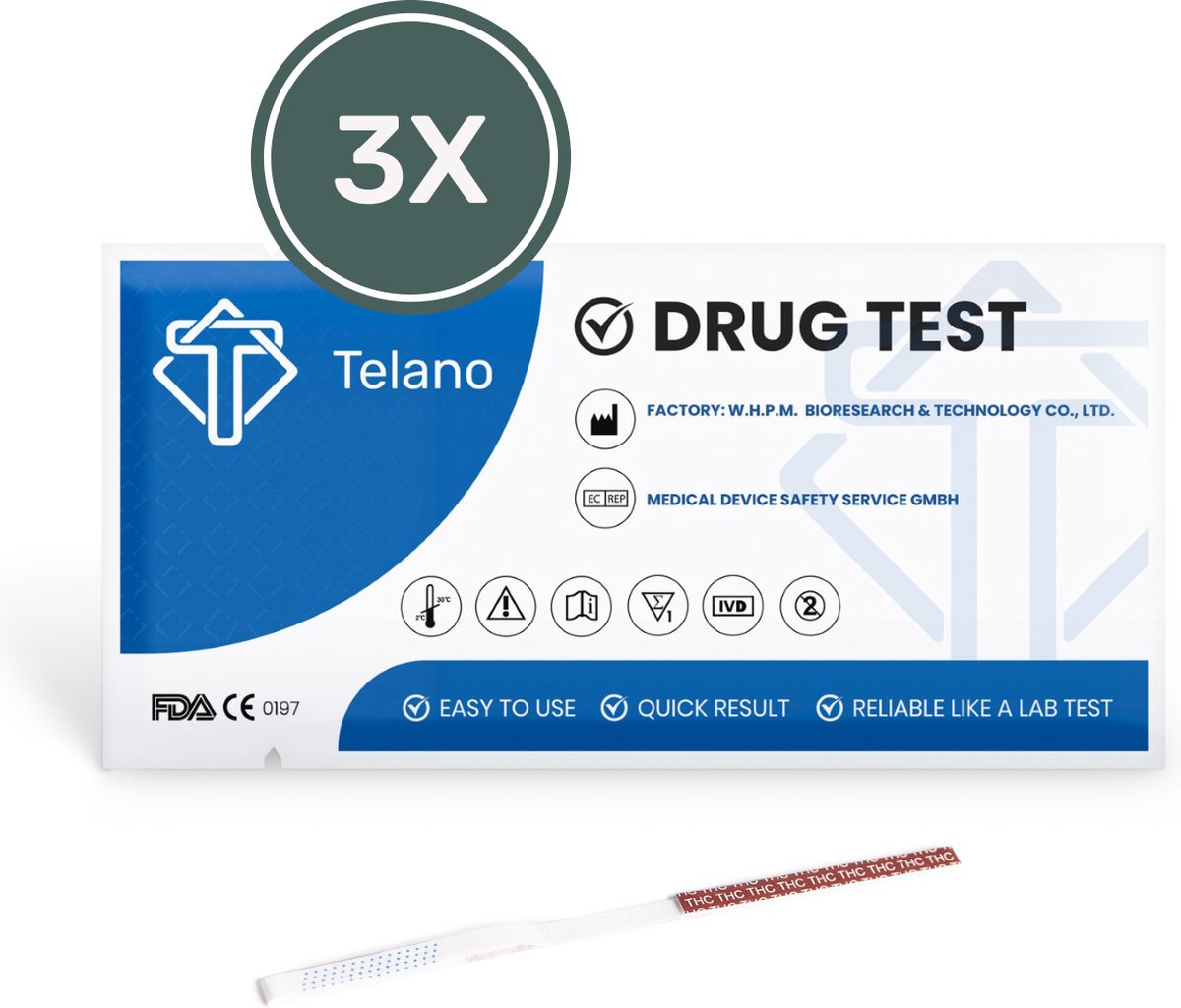 Goedkoopste Telano Drugstest 3 stuks Cannabis THC (Wiet Marihuana) Drugtesten Urine Strips