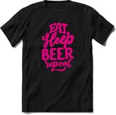 Eat sleep beer repeat | Feest kado T-Shirt heren - dames | Roze | Perfect drank cadeau shirt |Grappige bier spreuken - zinnen - teksten
