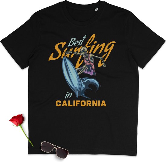 T Shirt Dames en Heren - Surfen California - Zwart - Maat XXL