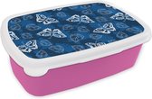 Broodtrommel Roze - Lunchbox - Brooddoos - Vlinder - Insecten - Blauw - Wit - Design - 18x12x6 cm - Kinderen - Meisje