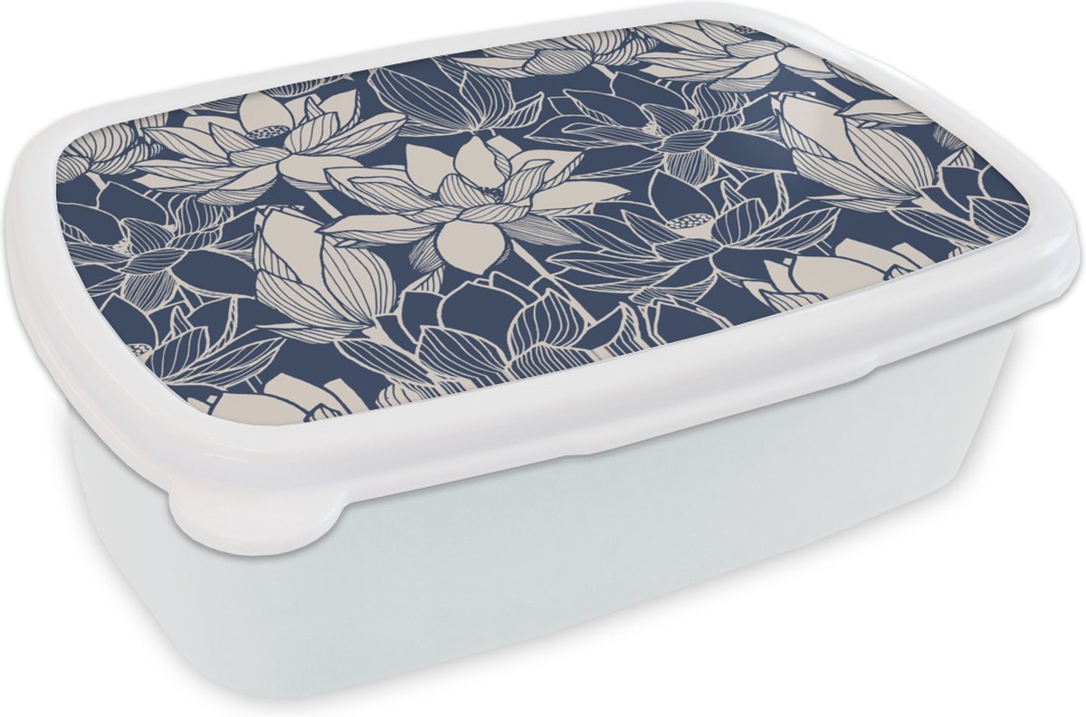 Broodtrommel Wit - Lunchbox - Brooddoos - Lotus - Blauw - Patronen - 18x12x6 cm - Volwassenen