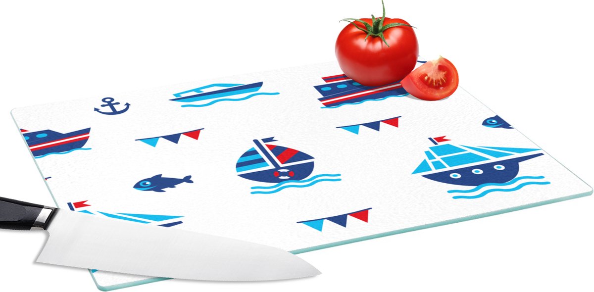 Glazen Snijplank - 39x28 - Boot - Blauw - Rood - Jongen - Patroon - Snijplanken Glas