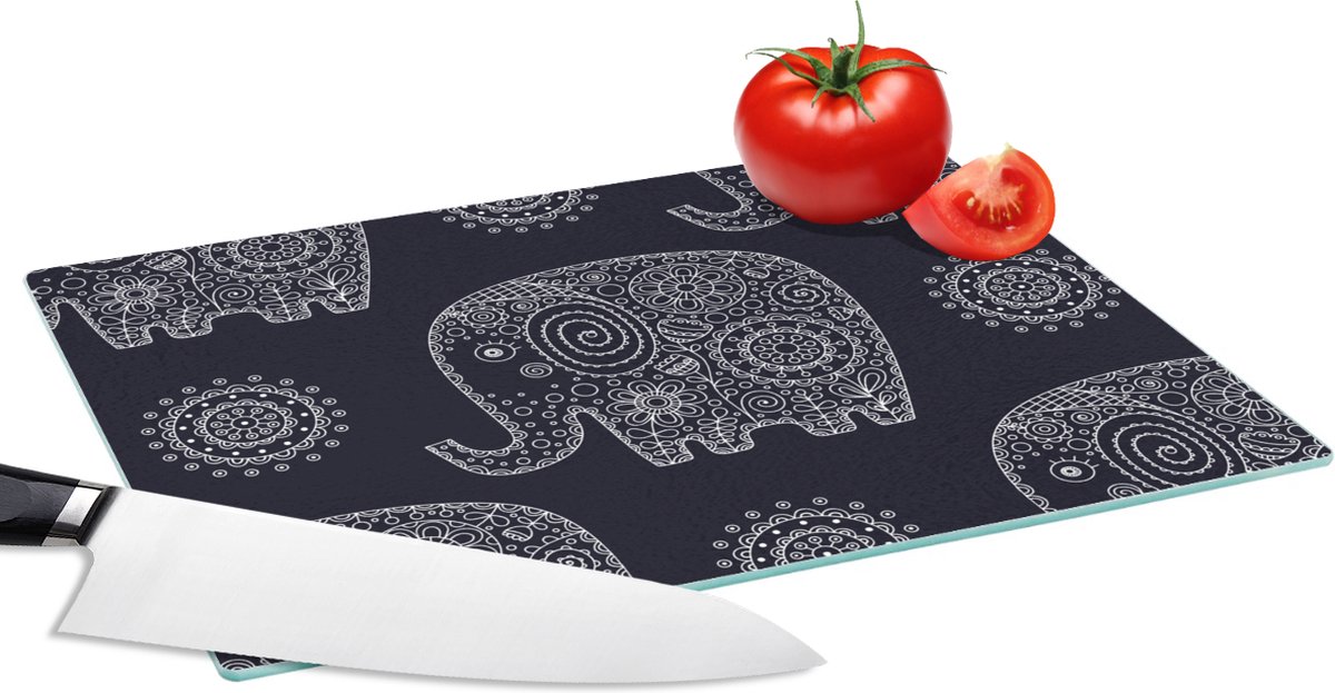 Glazen Snijplank - 28x20 - Patroon - Olifant - Bloemen - Snijplanken Glas