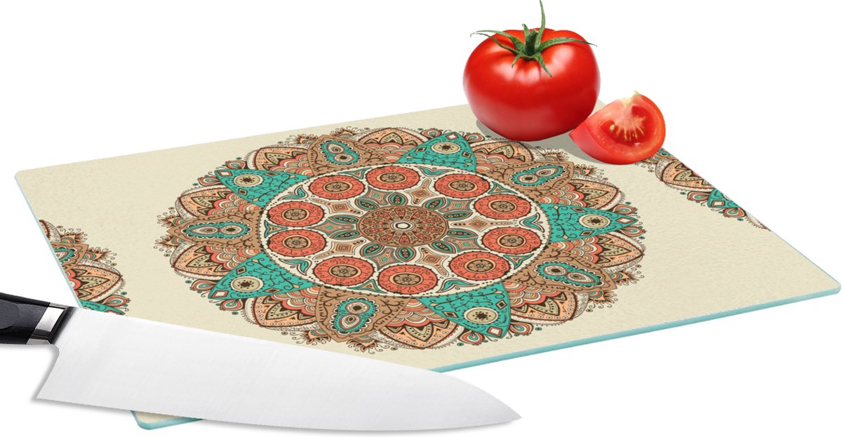 Glazen Snijplank - 28x20 - Mandala - Patronen - Pauw - Snijplanken Glas