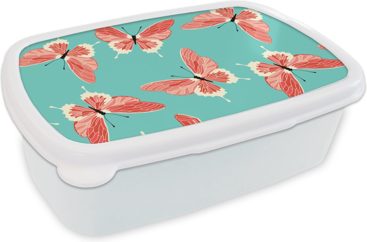 Broodtrommel Wit - Lunchbox - Brooddoos - Vlinders - Roze - Patroon - 18x12x6 cm - Volwassenen