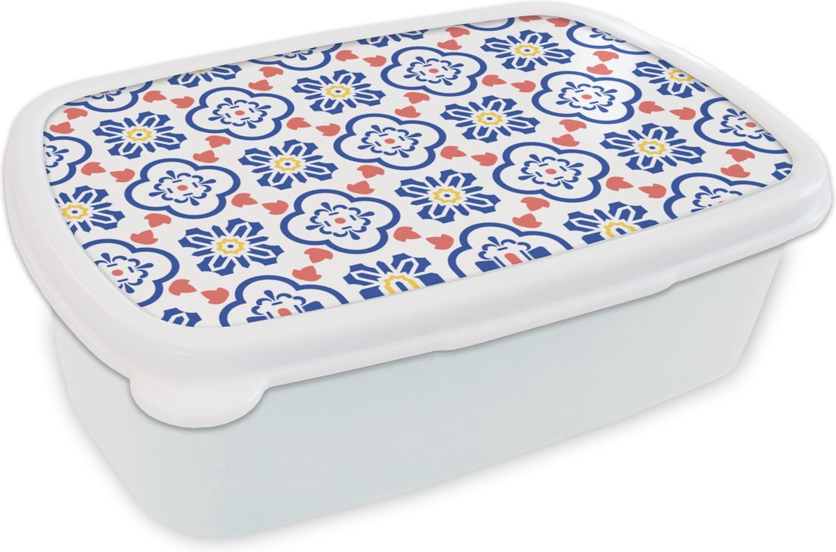 Broodtrommel Wit - Lunchbox - Brooddoos - Bloem - Blauw - Rood - Patroon - 18x12x6 cm - Volwassenen