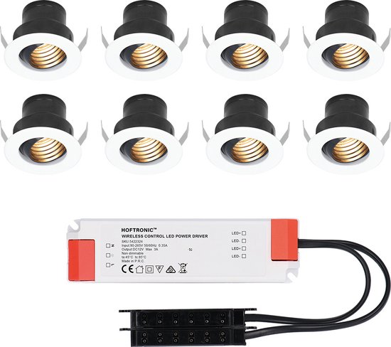 Set van 8 12V 3W - Mini LED Inbouwspot - Wit - Kantelbaar & verzonken - Verandaverlichting - IP44 voor buiten - 2700K - Warm wit