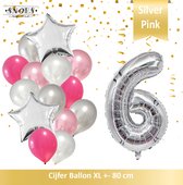 Cijfer Ballon 6 Jaar Zilver Roze White Pearl Boeket * Hoera 6 Jaar Verjaardag Decoratie Set van 15 Ballonnen * 80 cm Verjaardag Nummer Ballon * Snoes * Verjaardag Versiering * Verj