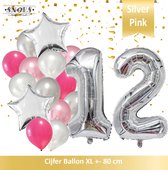 Cijfer Ballon 12 Jaar Zilver Roze White Pearl Boeket * Hoera 12 Jaar Verjaardag Decoratie Set van 15 Ballonnen * 80 cm Verjaardag Nummer Ballon * Snoes * Verjaardag Versiering * Verjaardag Decoratie * Silver Pink Pearl White* Nummer Ballon 12