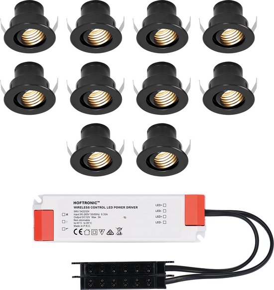 Set van 10 12V 3W - Mini LED Inbouwspot - Zwart - Kantelbaar & verzonken - Verandaverlichting - IP44 voor buiten - 2700K - Warm wit