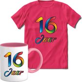 16 Jaar Vrolijke Verjaadag T-shirt met mok giftset Roze | Verjaardag cadeau pakket set | Grappig feest shirt Heren – Dames – Unisex kleding | Koffie en thee mok | Maat XXL