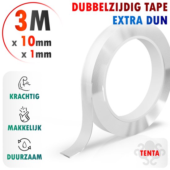 Wind pk ziek TENTA® Dubbelzijdig Tape Extra Dun - 3m x 10mm x 1mm | bol.com