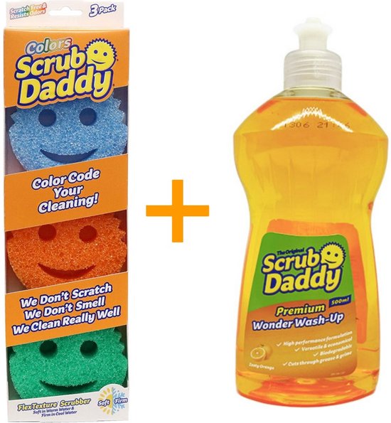 Scrub Daddy + Afwasmiddel 500mL - Wonder Wash-Up Premium - Spons 3 Kleuren