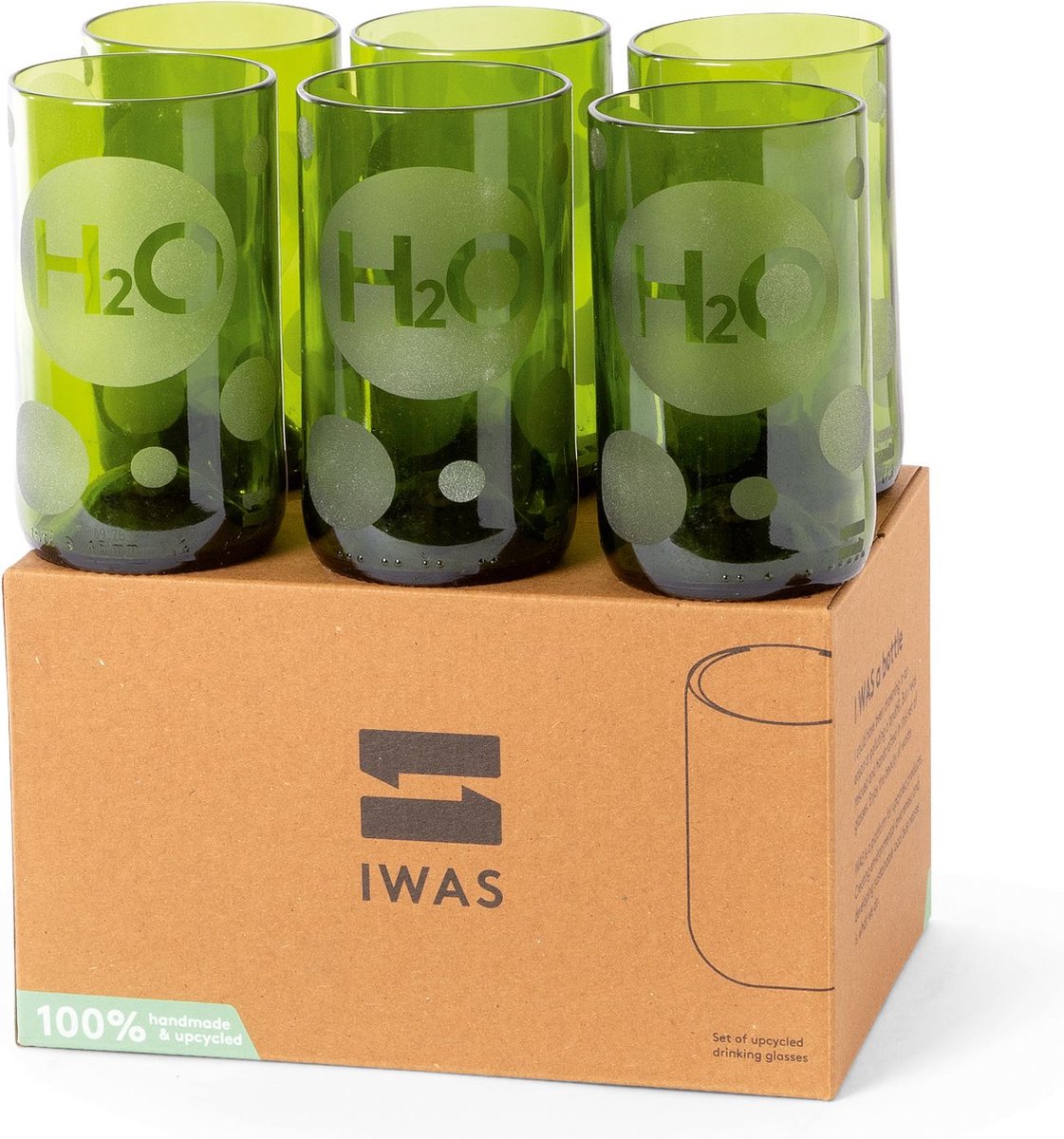 Water Glazen H2O - Groen - Set van 6 stuks - 400 ml - Upcycling - IWAS Products