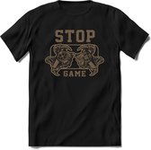 Stop and game | Gaming kado T-Shirt heren - dames | Bruin | Perfect game pc cadeau shirt | Grappige console spreuken - zinnen - teksten Maat S