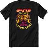 Play and win | Gaming kado T-Shirt heren - dames | Geel-Roze | Perfect game pc cadeau shirt | Grappige console spreuken - zinnen - teksten Maat 3XL