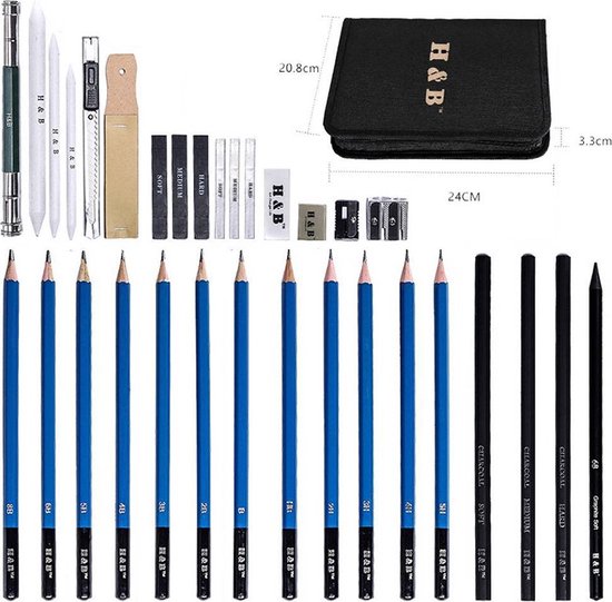 12 stuks tekenstiften, met stiftrol en gum, tekenset, schetspotloden 2H H F HB B 2B 3B 4B 5B 6B 7B 8B, tekenset voor kunstenaars, volwassenen, tekeningen, schetsen
