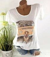 Katoenen zomer t-shirt Made in Italy met print "Hippie bus" met strass kleur wit maat 34 36