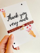 Wenskaart met sieraad - Thank you bedankt kaartje - Verstelbaar armbandje rood Amour ster goud - Verkleurt niet - In cadeauverpakking - Snel in huis