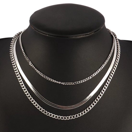 Ketting - 3 Laagse ketting - Layered - Snake Chain - Schakelketting - Platte schakel - Zilverkleurig - Stainless Steel