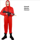 Rode overall met capuchon + masker + geweer- La Casa de Papel mt.S/M