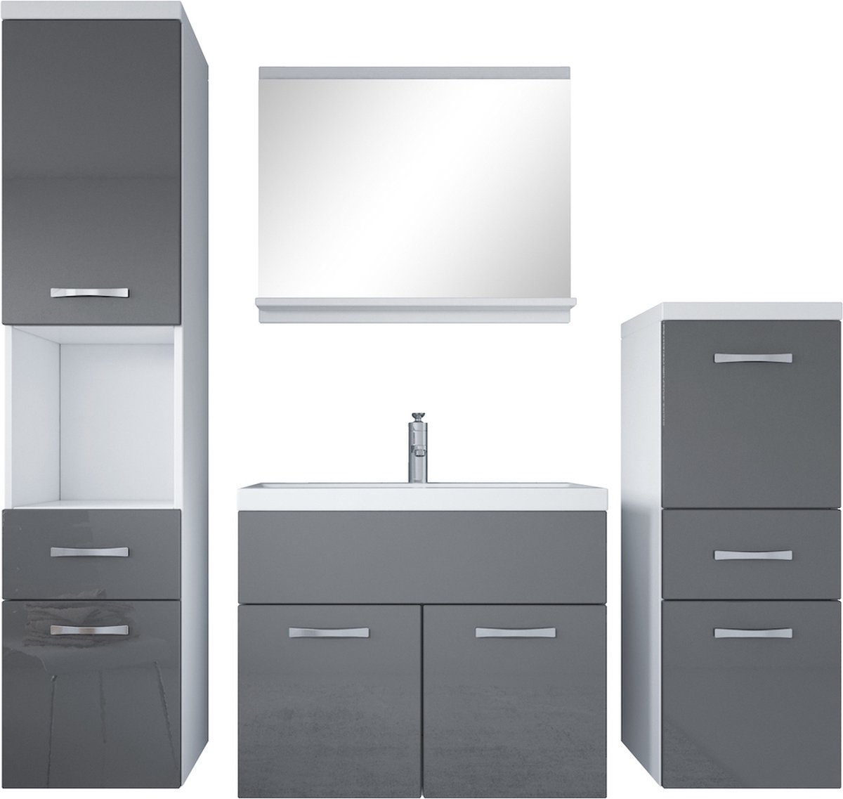 Badplaats Badkamermeubel Set Alba 60 cm x 35 cm - Hoogglans grijs met wit - Badmeubel met spiegel en zijkasten