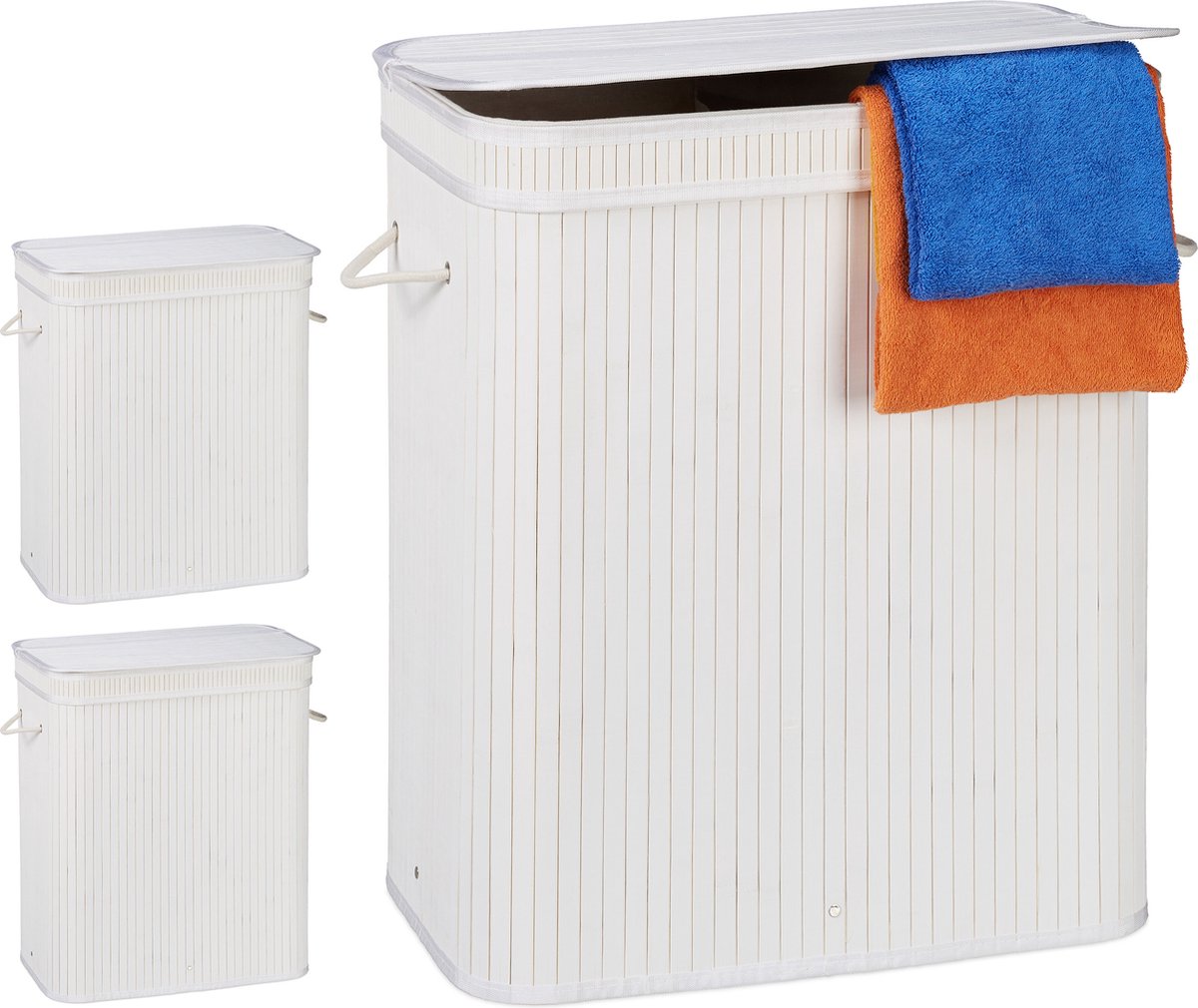 3x wasmand met deksel - 2 vakken - bamboe wasbox - mand voor wasgoed - wit