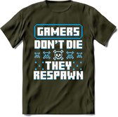 Gamers don't die pixel T-shirt | Blauw | Gaming kleding | Grappig game verjaardag cadeau shirt Heren – Dames – Unisex | - Leger Groen - M