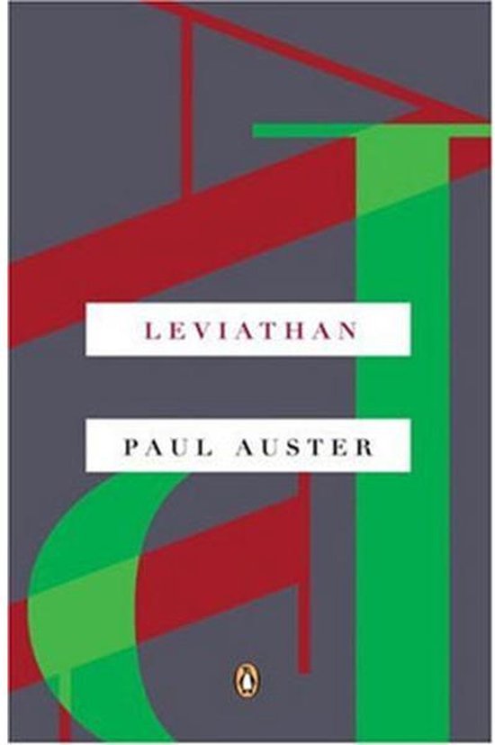 Livre 'Leviathan' par Paul Auster, avec des lignes rouges et vertes sur fond gris.