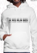 IK MIS MIJN BED dames hoodie - Wit - Maat XXL - Lange mouwen - Met capuchon & steekzakken - Regular Fit - Grappige teksten - Leuke hoodies - Humor - Quotes - Kwoots - Cadeau - Slap