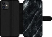 Bookcase Geschikt voor iPhone 12 Pro telefoonhoesje - Marmer print - Zwart - Luxe - Met vakjes - Wallet case met magneetsluiting