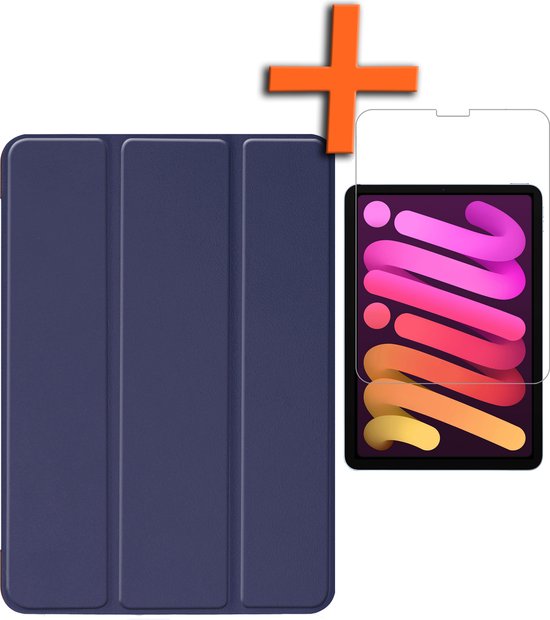 Hoes Geschikt voor iPad Mini 6 Hoes Tri-fold Tablet Hoesje Case Met Screenprotector - Hoesje Geschikt voor iPad Mini 6 Hoesje Hardcover Bookcase - Donkerblauw