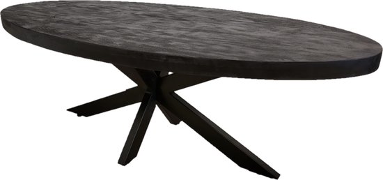 Zita Home - Table basse Anne - entièrement noire - bois de manguier ovale de 130 cm de long avec pied matriciel cadre en métal de 70 cm de large