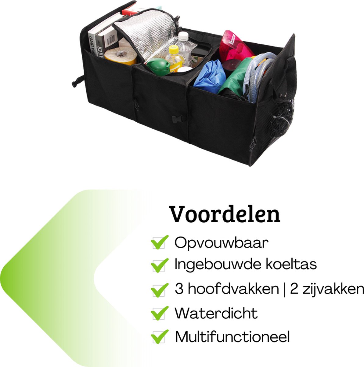 Opvouwbare kofferbak organizer voor auto met geïsoleerde lekvrije koeltas, 3 compartimenten SUV Cargo Organizer Verwijderbare verdelers, 5 in1 auto opslag organizer met opvouwbaar deksel, 2 tie-down