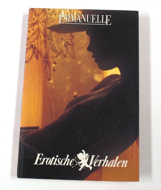 Boek met de titel Emmanuelle, Erotische Verhalen. Zwart silhouet van een vrouw met hoed, met een oranje, kanten achtergrond.