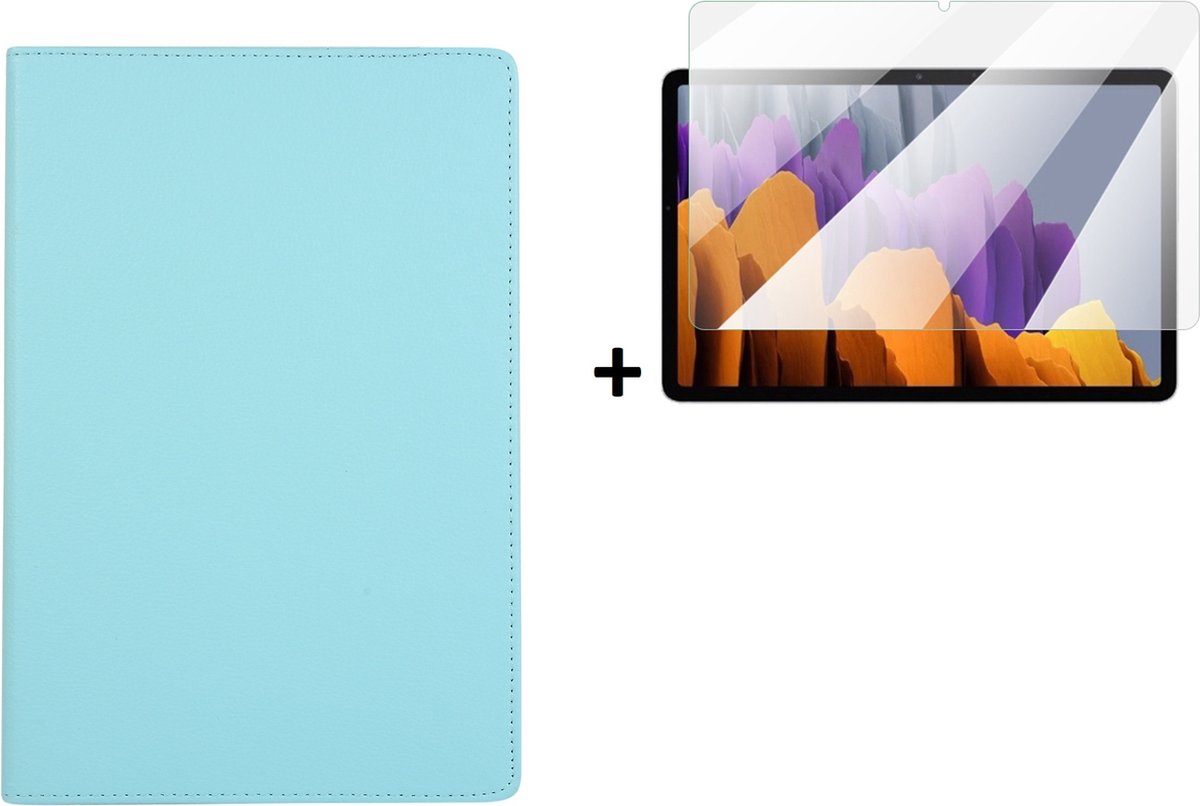 Hoesje Samsung Galaxy Tab S8 Plus - 12.4 inch - Screenprotector Samsung Galaxy Tab S8 Plus - Kunstleder - Samsung Tab S8+ 2022 Draaibare Book Case Turquoise + Tempered Glass