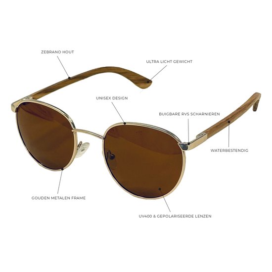 SMOOTH - ronde houten zonnebril - unisex model - UV400 gepolariseerde glazen van de hoogste kwaliteit - QUAVO GOLD — afbeelding 4