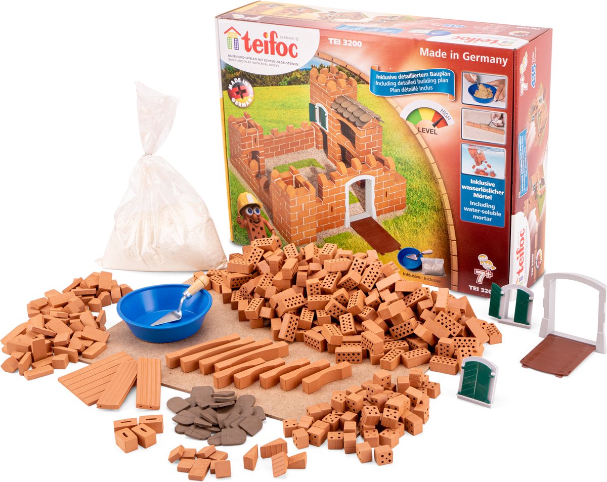 Teifoc® Bouwdoos – Ridderkasteel Bouwset – 435 onderdelen – Echte mini Bakstenen met Cement, Kom en Troffel – Bouwpakket voor kinderen vanaf 6 jaar