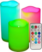 De Snuffelaar - Set van 3 LED Kaarsen – Multi color - Nep kaarsen op batterijen – led kaarsen met bewegende vlam – flikkerende vlam – echt wax – Kaarsen met afstandsbediening)