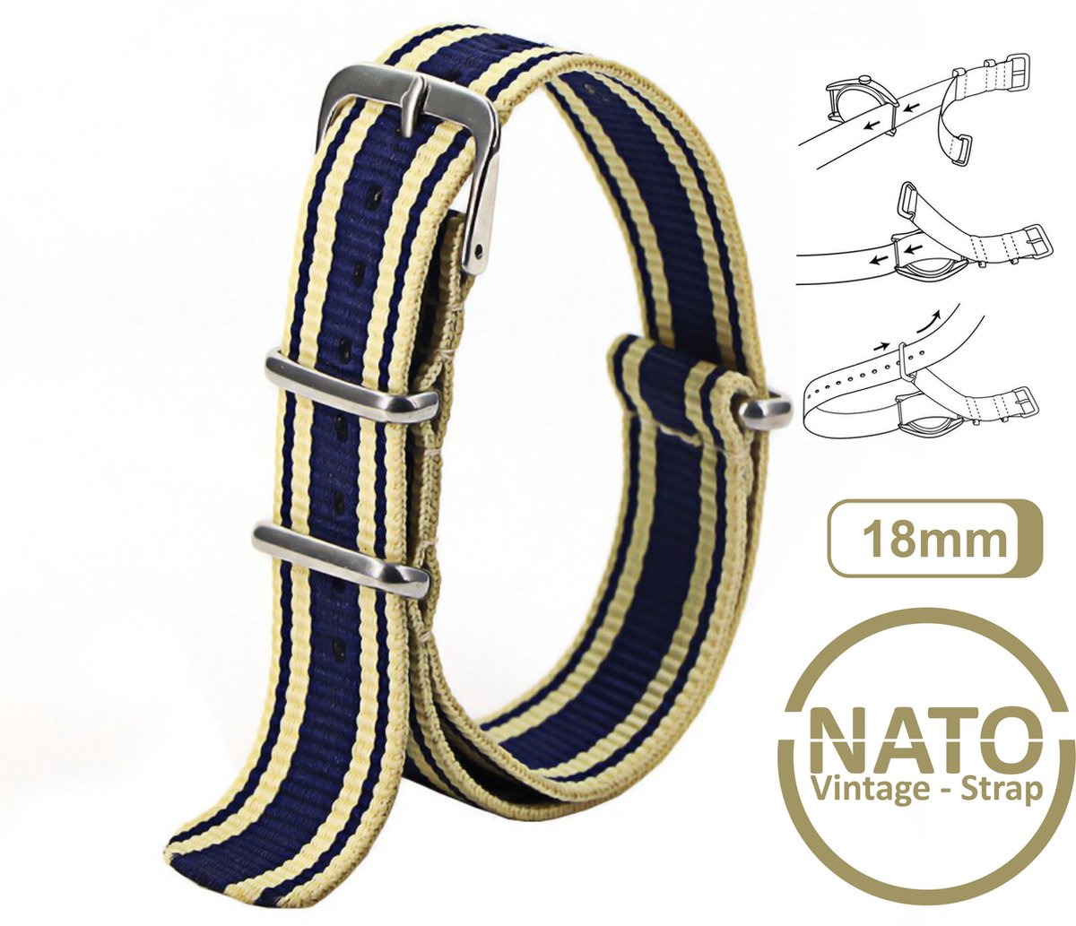 18mm Nato Strap Blauw Khaki streep - Vintage James Bond - Nato Strap collectie - Mannen - Horlogebanden - Blue Khaki - 18 mm bandbreedte voor oa. Seiko Rolex Omega Casio en Citizen