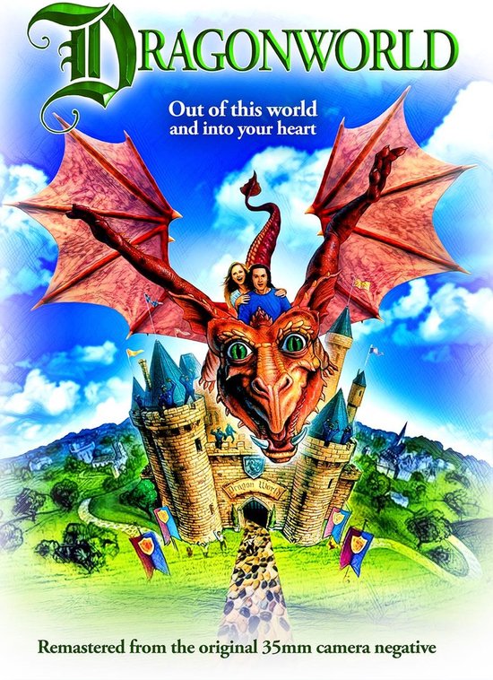 Een rode draak met grote vleugels, bereden door een koppel, vliegt over een kasteel. "Dragonworld" logo bovenin.